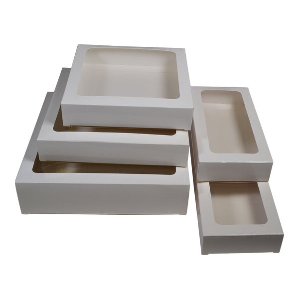 155mm Square Two Piece Cookie and Dessert Box with Clear Window and Slide in Tray - Gloss White - PackQueen