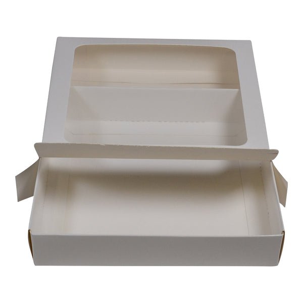 155mm Square Two Piece Cookie and Dessert Box with Clear Window and Slide in Tray - Gloss White - PackQueen