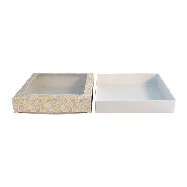 180mm Square Two Piece Cookie and Dessert Box One Piece Box with Clear Window and Slide in Tray Gloss White - PackQueen