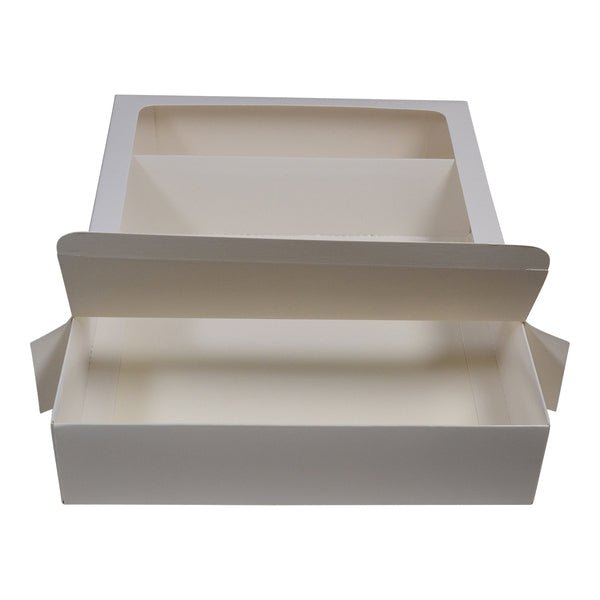 205 Square Two Piece Cookie and Dessert Box with Clear Window and Slide in Tray Gloss White - PackQueen