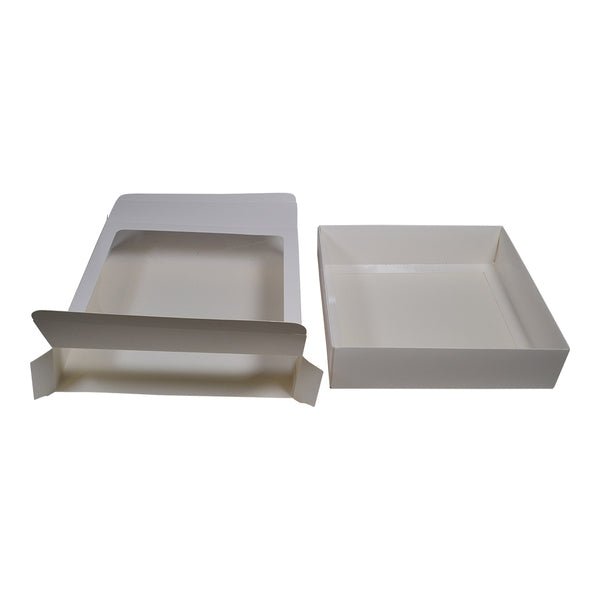 205 Square Two Piece Cookie and Dessert Box with Clear Window and Slide in Tray Gloss White - PackQueen