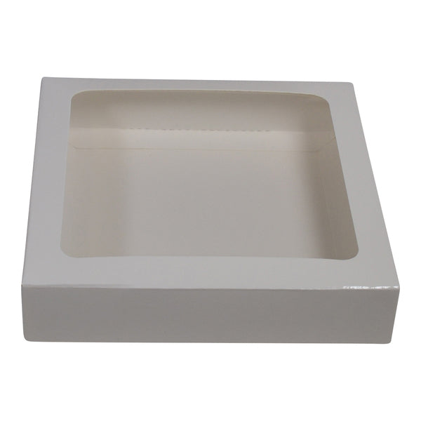 155mm Square Two Piece Cookie and Dessert Box with Clear Window and Slide in Tray - Gloss White - Paperboard (285gsm)