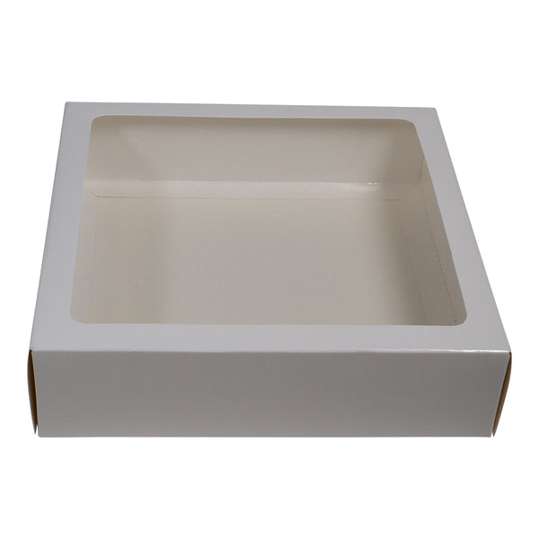 Discontinued 205 Square Two Piece Cookie and Dessert Box with Clear Window and Slide in Tray Gloss White - Paperboard (285gsm)