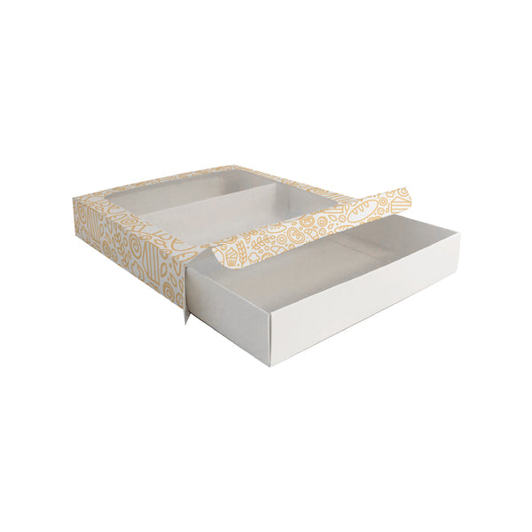 Discontinued 205 Square Two Piece Cookie and Dessert Box with Clear Window and Slide in Tray Gloss White - Paperboard (285gsm)