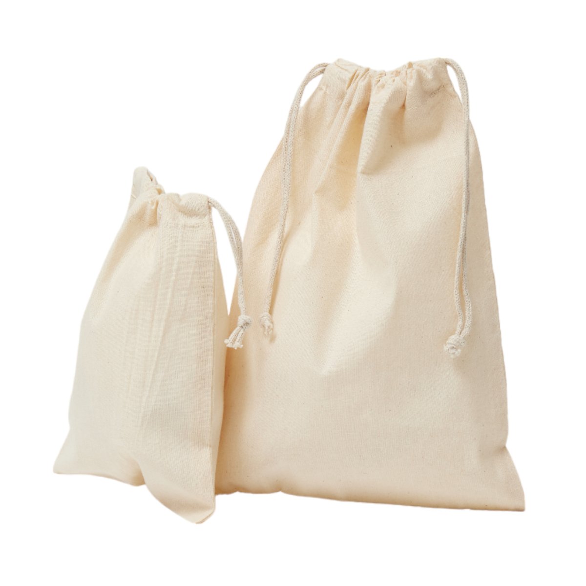 Two plain calico drawstring bags in small and large sizes