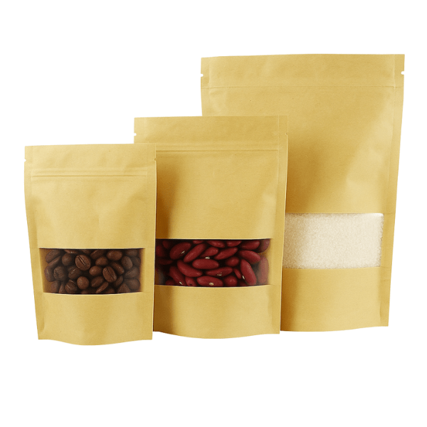 Kraft Brown Stand Up Pouch with Zipper with Rectangular Window (100 Pack) - PackQueen