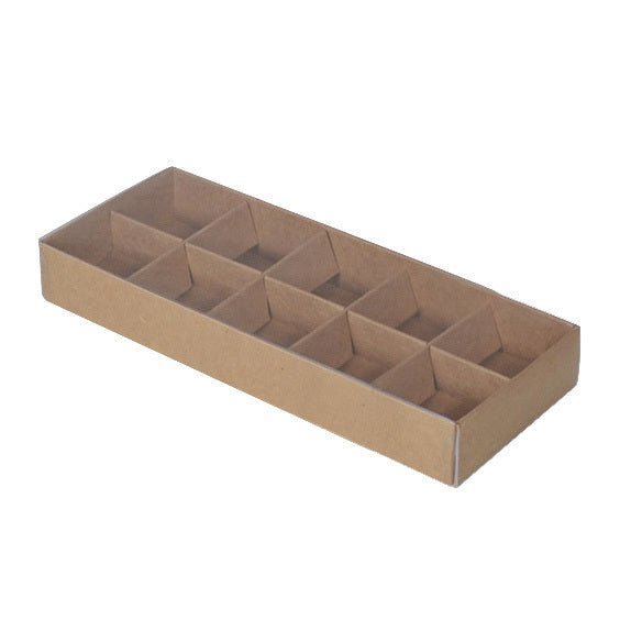 SAMPLE - 10 Pack Chocolate/Rectangle 10 Gift Box with Clear Lid - Kraft Brown Paperboard (Optional Lid) - PackQueen