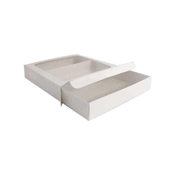 SAMPLE 155mm Square Two Piece Cookie and Dessert Box One Piece Box with Clear Window and Slide in Tray Gloss White - PackQueen