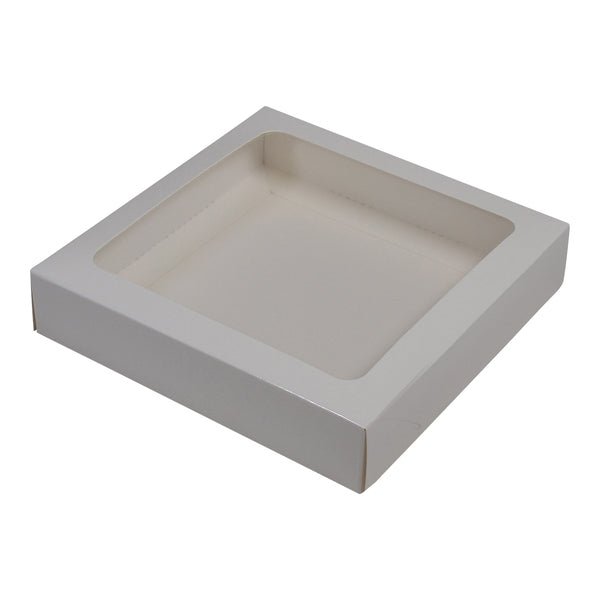 SAMPLE 155mm Square Two Piece Cookie and Dessert Box One Piece Box with Clear Window and Slide in Tray Gloss White - PackQueen
