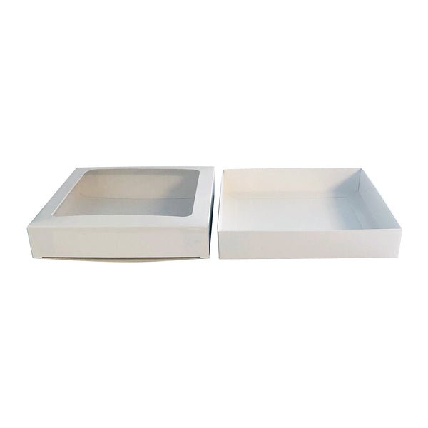 SAMPLE 155mm Square Two Piece Cookie and Dessert Box One Piece Box with Clear Window and Slide in Tray Gloss White - PackQueen