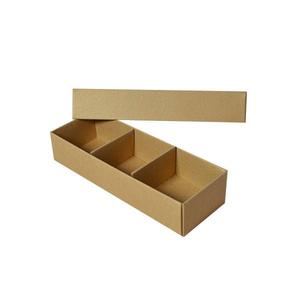 SAMPLE - 3 Macaroon & Choc Box - Kraft Brown Paperboard (Base, Insert & Lid) - PackQueen
