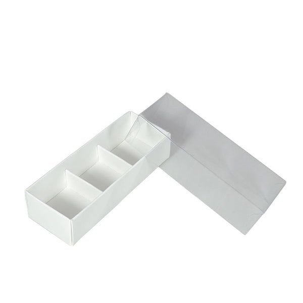SAMPLE - 3 Pack Chocolate Box with Clear Lid - Smooth White Paperboard (Base, Insert & Clear Lid) - PackQueen