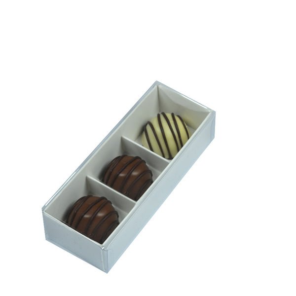 SAMPLE - 3 Pack Chocolate Box with Clear Lid - Smooth White Paperboard (Base, Insert & Clear Lid) - PackQueen