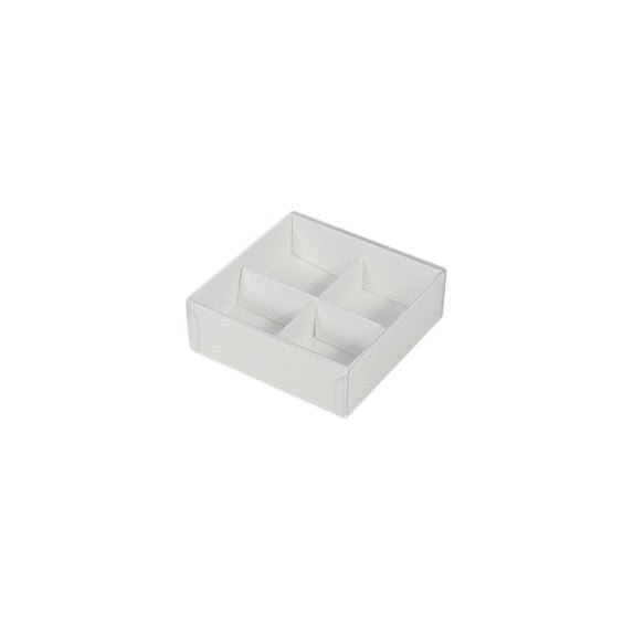 SAMPLE - 4 Pack Chocolate/Square 82mm Gift Box with Clear Lid - Smooth White Paperboard (Optional Insert) - PackQueen