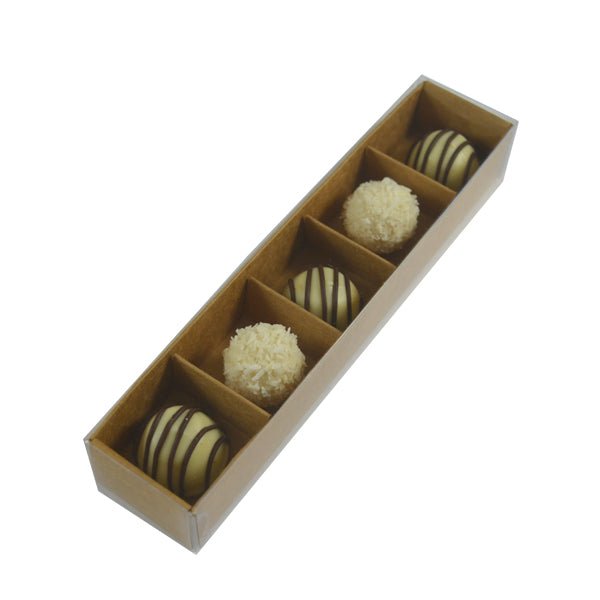 SAMPLE - 5 Pack Chocolate Box/Rectangle 5 Gift Box with Clear Lid - Kraft Brown Paperboard (Optional Insert) - PackQueen