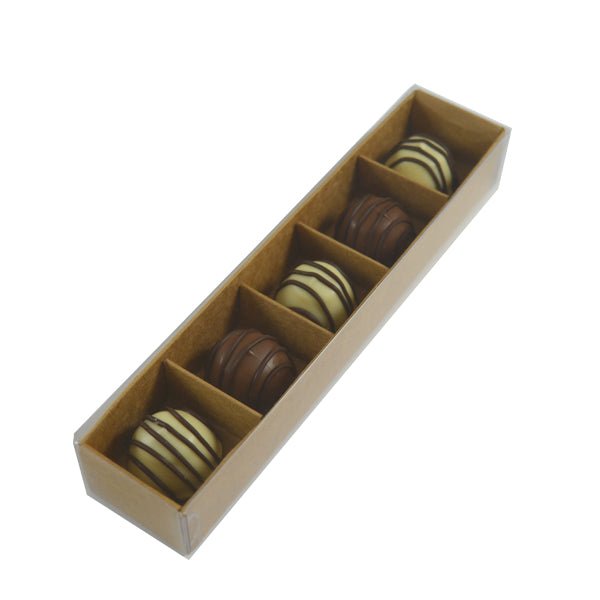 SAMPLE - 5 Pack Chocolate Box/Rectangle 5 Gift Box with Clear Lid - Kraft Brown Paperboard (Optional Insert) - PackQueen