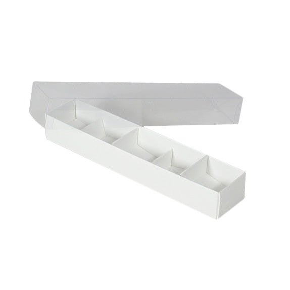 SAMPLE - 5 Pack Chocolate Box/Rectangle 5 Gift Box with Clear Lid - Smooth White Paperboard (Optional Insert) - PackQueen