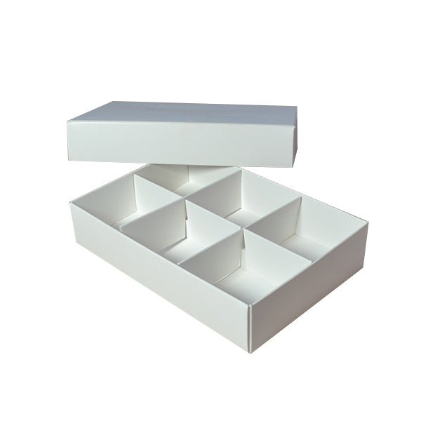 SAMPLE - 6 Macaroon & Choc Box - Smooth White Paperboard ( Base, Insert & Lid) - PackQueen