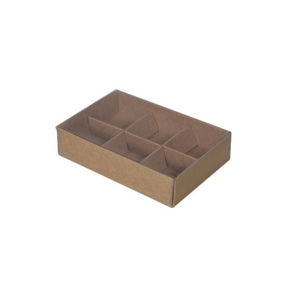 SAMPLE - 6 Pack Chocolate Box/Rectangle 6 Gift Box with Clear Lid - Kraft Brown Paperboard (Optional Insert) - PackQueen