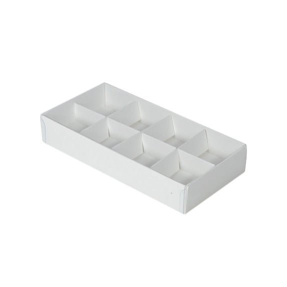 SAMPLE - 8 Pack Chocolate/Rectangle 8 Gift Box with Clear Lid - Smooth White Paperboard (Optional Lid) - PackQueen