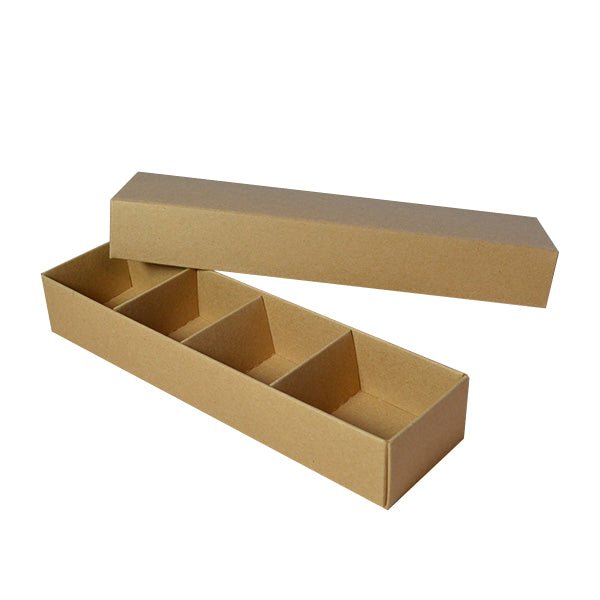 SAMPLE - Long 4 Macaroon & Choc Box - Kraft Brown Paperboard (Base, Insert & Lid) - PackQueen