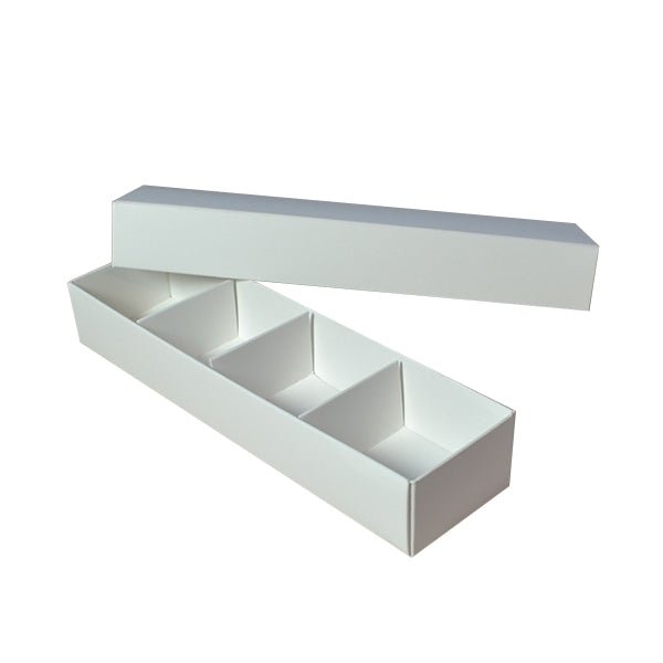 SAMPLE - Long 4 Macaroon & Choc Box - Smooth White Paperboard (Base, Insert & Lid) - PackQueen