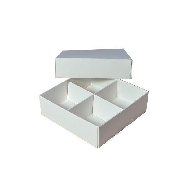 SAMPLE - Square 4 Macaroon & Choc Box - Smooth White Paperboard (285gsm) (Base, Lid & Removable Insert) - PackQueen