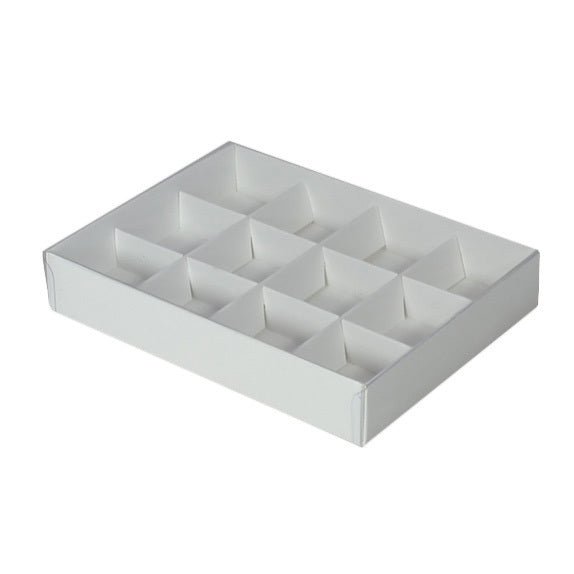 12 Pack Chocolate Box with Clear Lid - Paperboard (285gsm) (Base, Insert & Clear Lid) - PackQueen