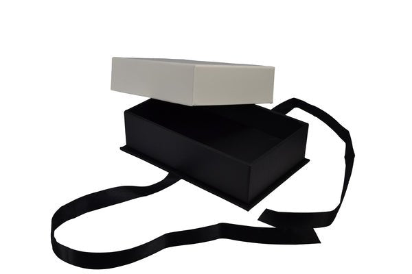 CUSTOM PRINTED Rigid Cardboard Pendant Jewellery Box - Black & White with Bow - PackQueen