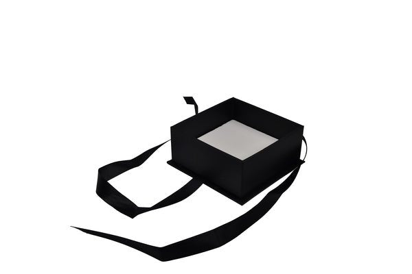 CUSTOM Rigid Black & White with Bow Square Jewellery Box (with removable black/white reversable velvet foam insert) - PackQueen