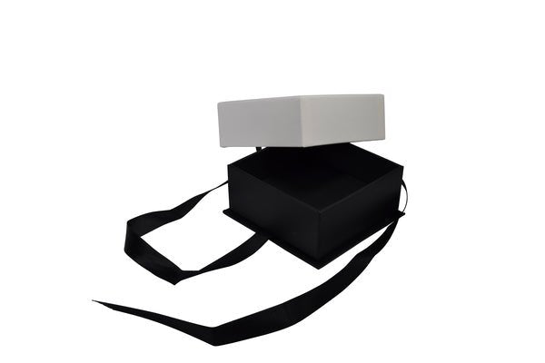CUSTOM Rigid Black & White with Bow Square Jewellery Box (with removable black/white reversable velvet foam insert) - PackQueen