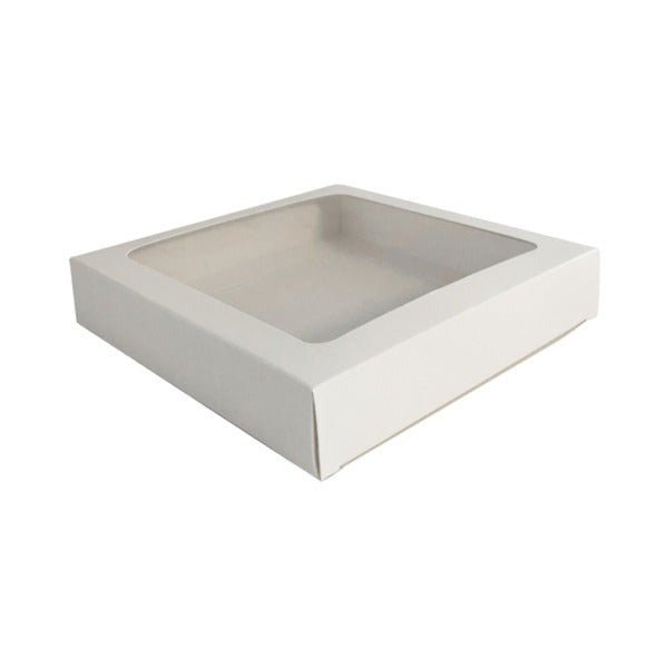 SAMPLE 205 Square Two Piece Cookie and Dessert Box with Clear Window and Slide in Tray Gloss White - PackQueen