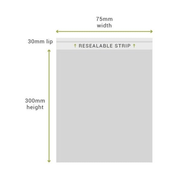 SAMPLE - 75mm x 300mm + 30mm Lip Clear Resealable Bags - PackQueen