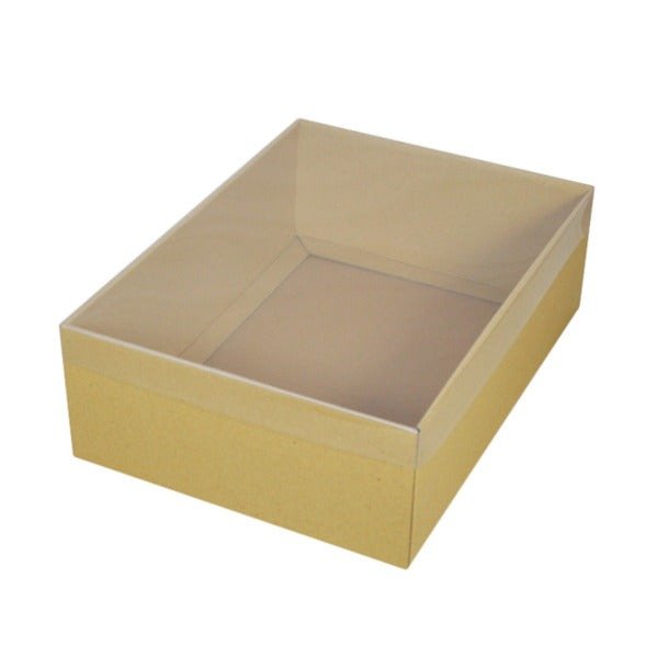 SAMPLE - E Flute - A4 Cardboard Gift Box with Clear Lid - 100mm High - Kraft Brown - PackQueen