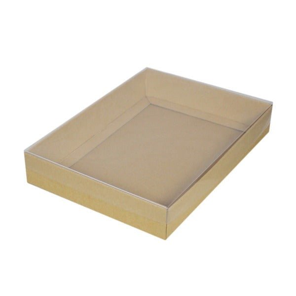 SAMPLE - E Flute - A4 Cardboard Gift Box with Clear Lid - 50mm High - Kraft Brown - PackQueen