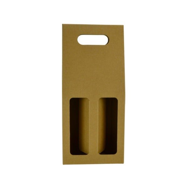 SAMPLE - E Flute - One Piece 2 Bottle Gable Top Wine Box with Window 19272 - Kraft Brown - PackQueen