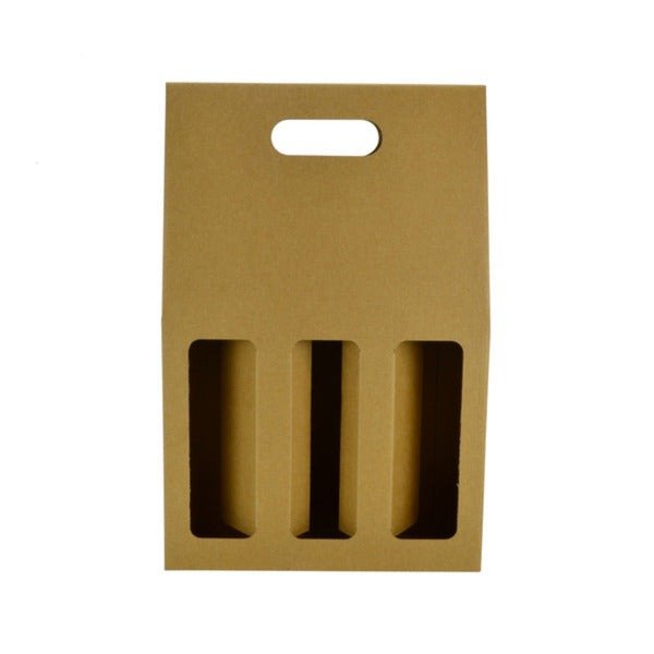 SAMPLE - E Flute - One Piece 3 Bottle Gable Top Wine Box with Window 19273 - Kraft Brown - PackQueen