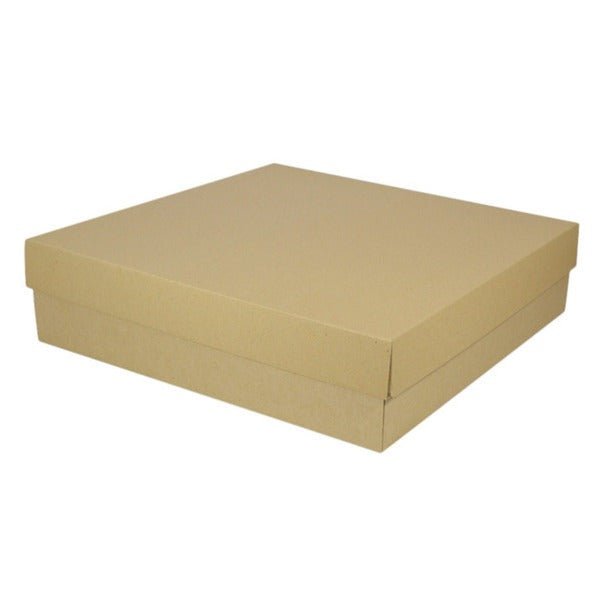 SAMPLE - E Flute - Two Piece 400mm Square Cardboard Gift Box (Base & Lid) - 100mm High - Kraft Brown - PackQueen