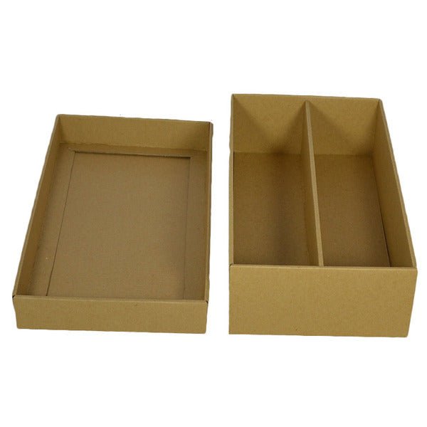 SAMPLE - E Flute - Two Piece Double Wine Gift Box with divider (Base & Lid) - Kraft Brown - PackQueen