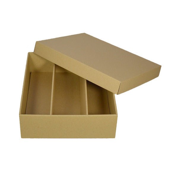 SAMPLE - E Flute - Two Piece Triple Wine Gift Box with divider (Base & Lid) - Kraft Brown - PackQueen