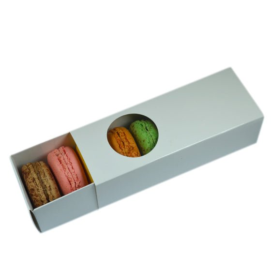 SAMPLE - Long Macaron Box with round clear plastic window slide over - Gloss White Paperboard (285gsm) - PackQueen