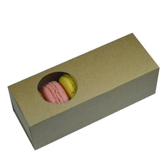 SAMPLE - Long Macaron Box with round clear plastic window slide over - Kraft Brown Paperboard (285gsm) - PackQueen