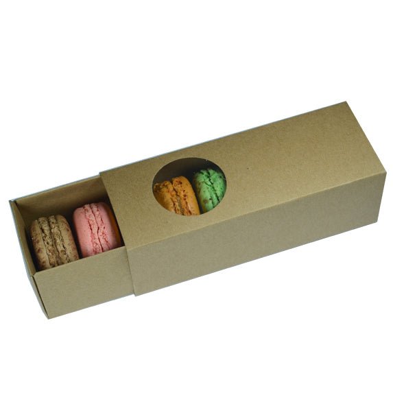 SAMPLE - Long Macaron Box with round clear plastic window slide over - Kraft Brown Paperboard (285gsm) - PackQueen
