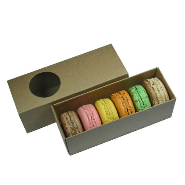 SAMPLE - Long Macaron Box with round clear plastic window slide over - Kraft Brown Paperboard (285gsm) - PackQueen