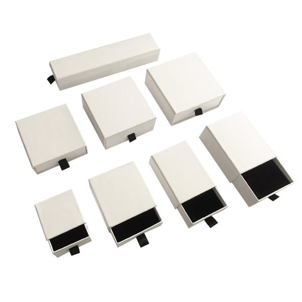 SAMPLE - Medium Square 80mm Drawer Rigid Jewellery Box - Ring & Pendant (Sleeve, Base & Removable Insert) - Matt White - PackQueen