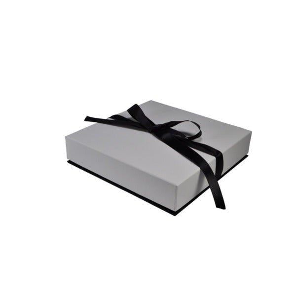 SAMPLE - Rigid Cardboard Black & White with Bow Necklace Jewellery Box (with removable black/white reversible leatherette foam insert) - PackQueen