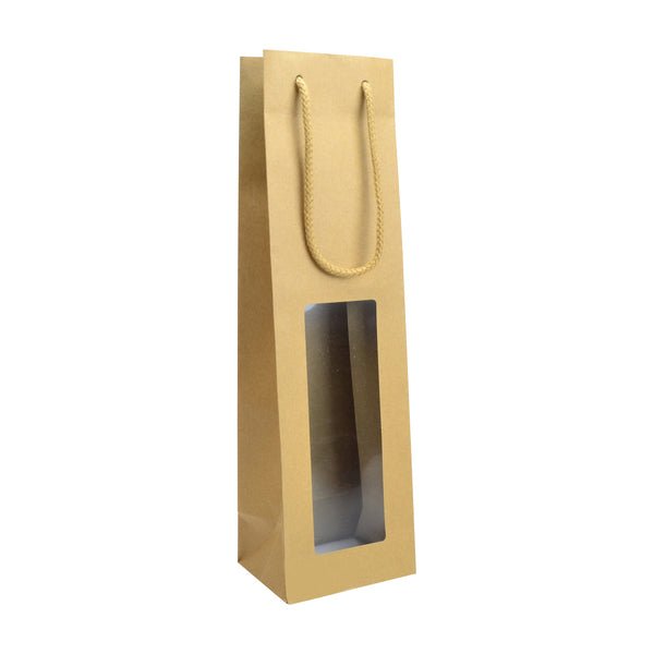 Single Window - Paper Wine Bag Kraft Brown with Window - 100 PACK - PackQueen
