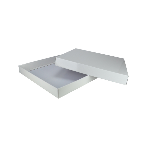 Two Piece 400mm Square Cardboard Gift Box (Base & Lid) 50mm High - Premium Matt White (White Inside) (MTO)
