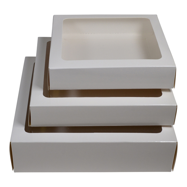 205 Square Two Piece Cookie and Dessert Box with Clear Window and Slide in Tray Gloss White