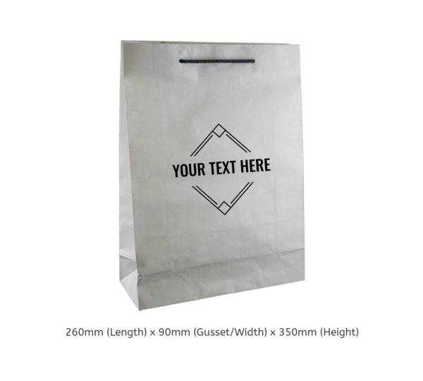 CUSTOM PRINTED Deluxe White Kraft Paper Gift Bag Small with Black Handles - Print Anywhere on Outside